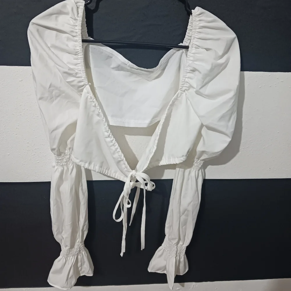 Women sexy white tie puffer elastic long sleeve top - Picture 5 of 16